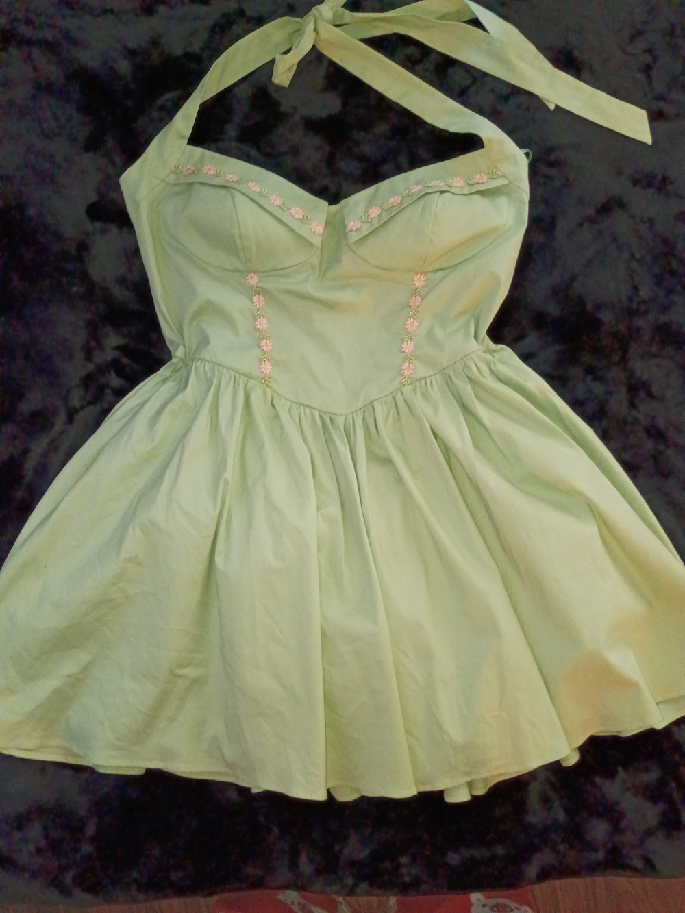 Light Green Halter Fit-and-Flare Dress with Pink Floral Trim